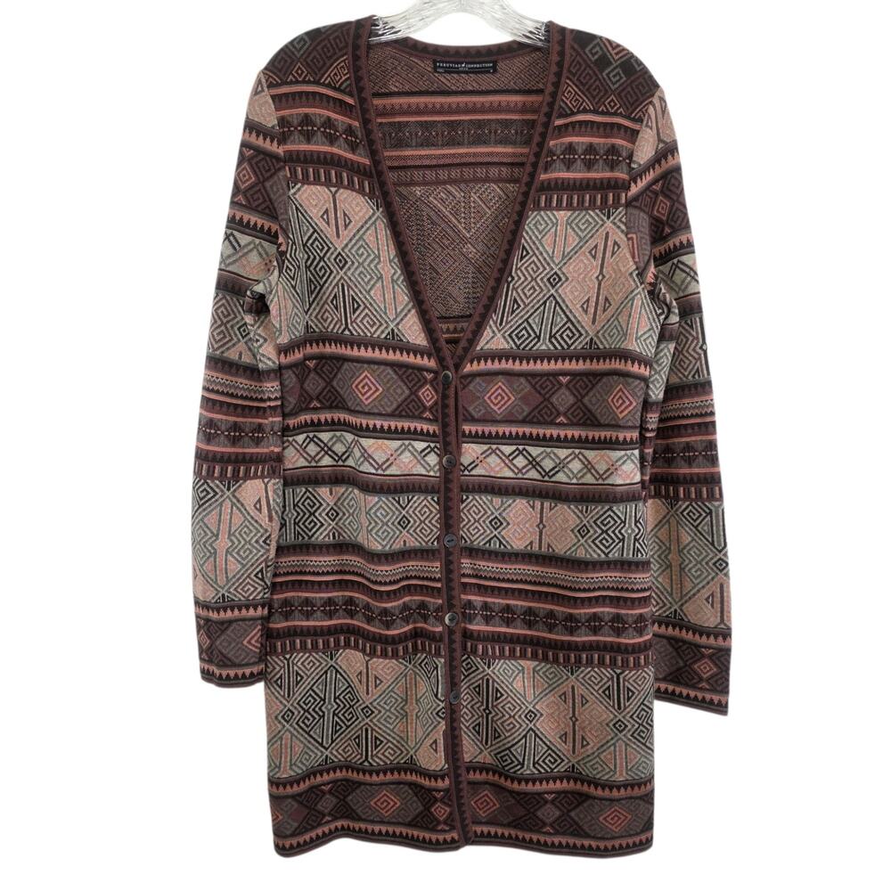 Peruvian Connection Sweater Brown Aztec Southwest Button Duster Cardigan Medium